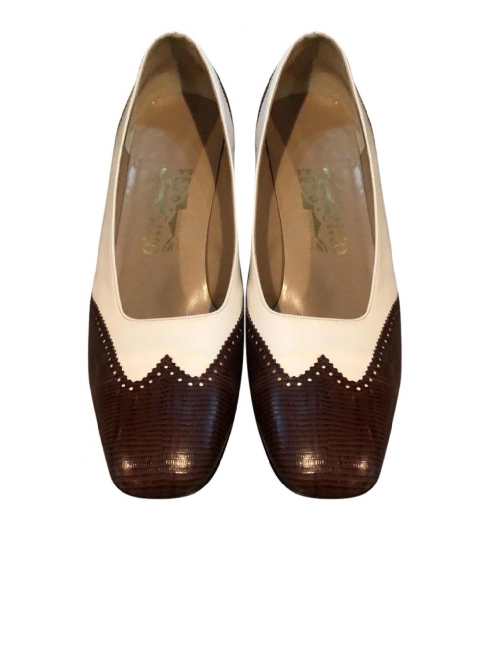 Salvatore Ferragamo Two-Tone Brown and White Leather Pumps Size 10B
